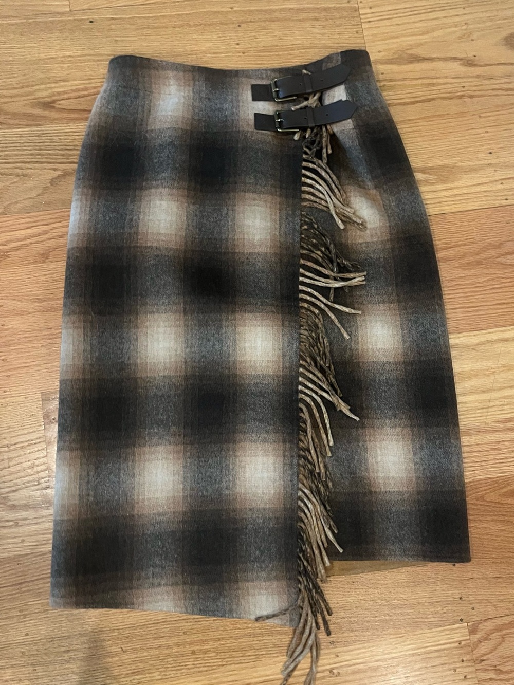 Banana Republic Wool Plaid Wrap Fringe Midi Skirt Leather Buckles M
